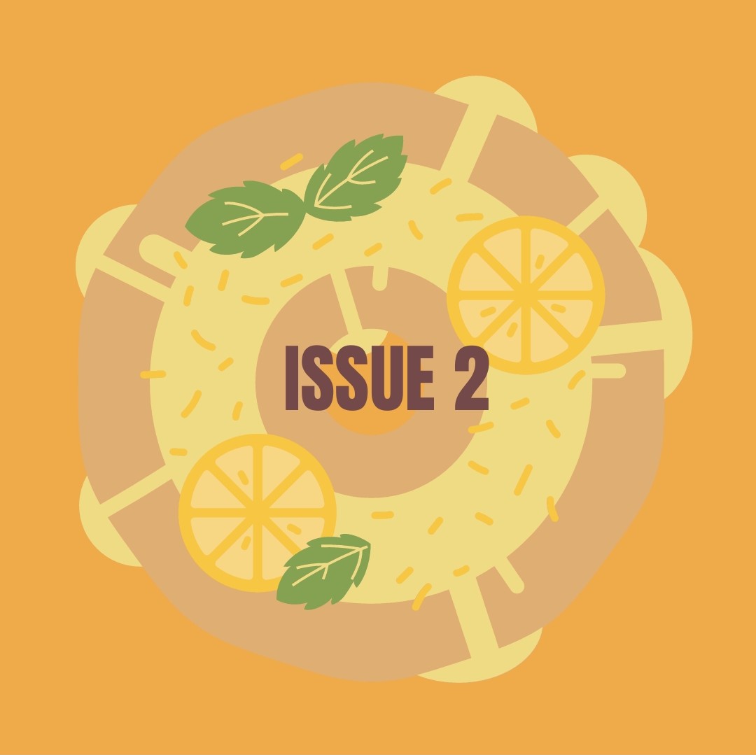Graphic for Yuzu Press. "Issue 2" superimposed over a citrus-iced doughnut seen from above. The doughnut is garnished with leaves and sliced fruit.