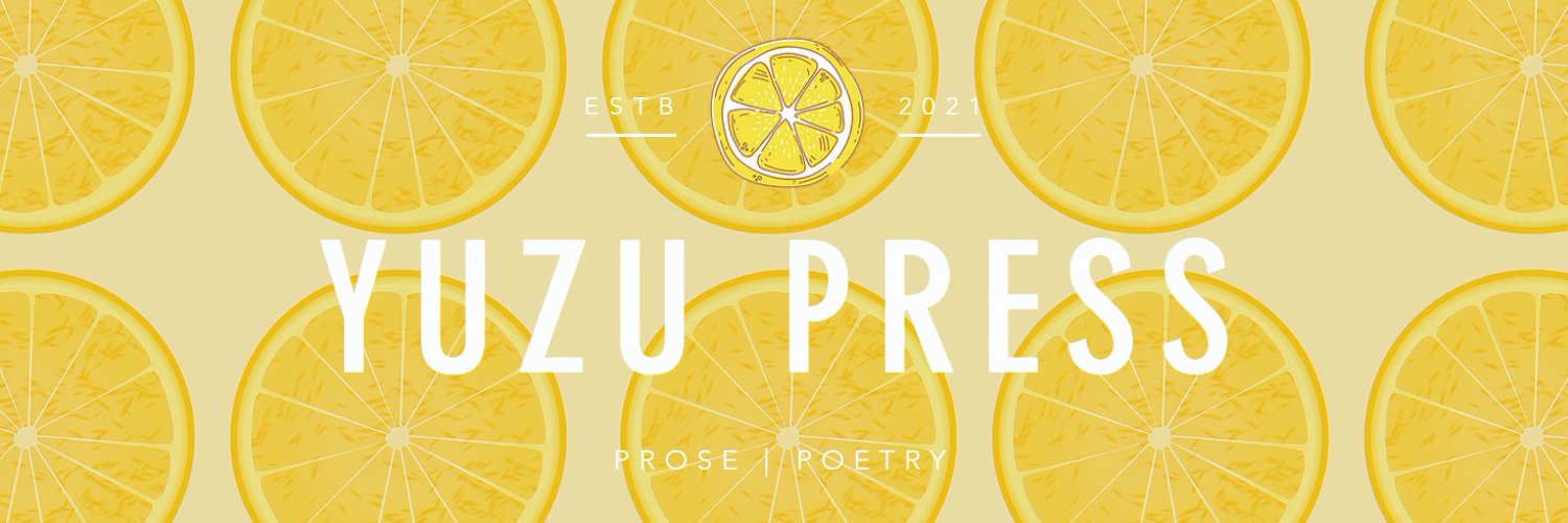 Banner for Yuzu Press. ESTB 2021 | PROSE | POETRY. A pattern of various orange citrus.