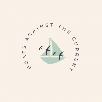Logo for Boats Against the Current. In pastel colours, four swallows are silhouetted over a sailboat. The magazine's name is written in a half-circle around the graphic.
