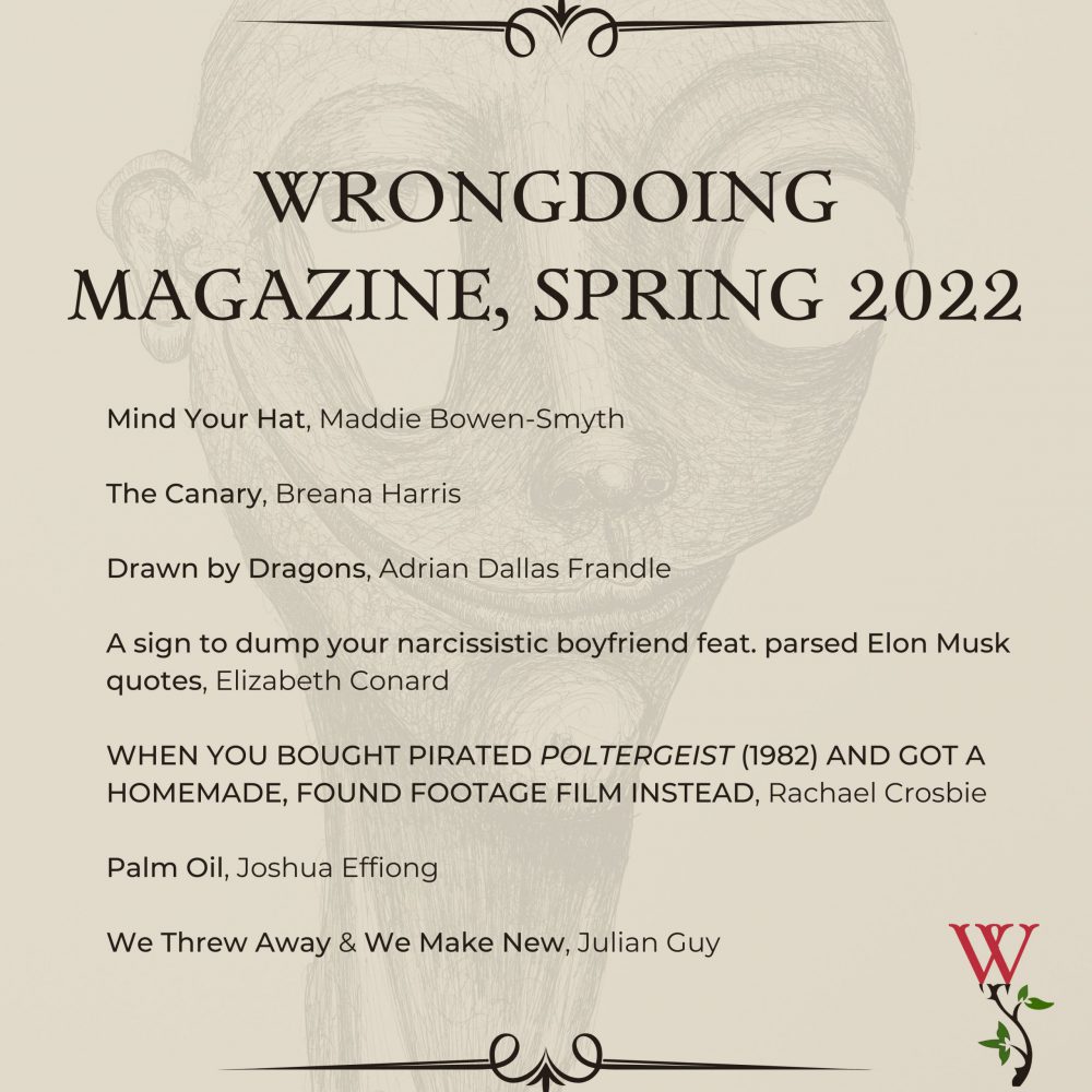 Text over an off-coloured background with a detailed, distorted sketch of a face. "Wrongdoing Magazine, Spring 2022" with a selection of writers' names and titles of works.