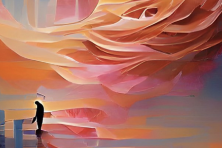 An AI-generated image in sunset hues showing an abstract, dream-like image which might suggest cloud, steps, rock formations, a skyline, or who knows what. Something like a figure in silhouette is at the bottom-left. "Our Own Mythologies: Amphora Magazine"