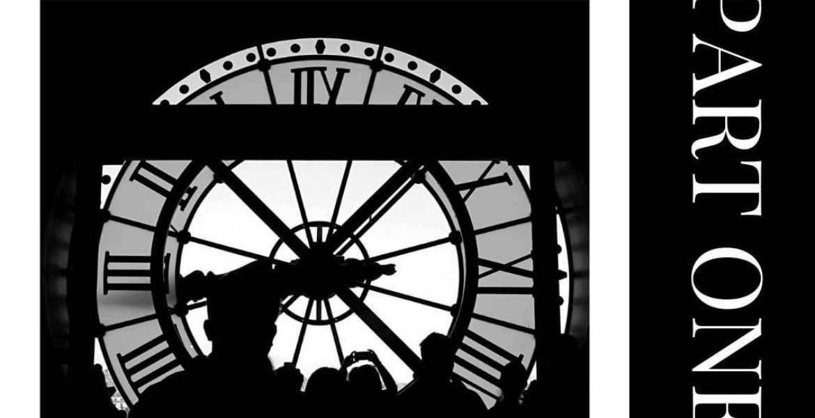 Black-and-white magazine cover. "Chronos: Part One; Volume 1, Issue 2, Vocivia Magazine; July 2022". Several people stand silhouetted in front of a large clock-face. From the Roman numerals on the clock face, we can see that we're inside the clock, as in a tower.